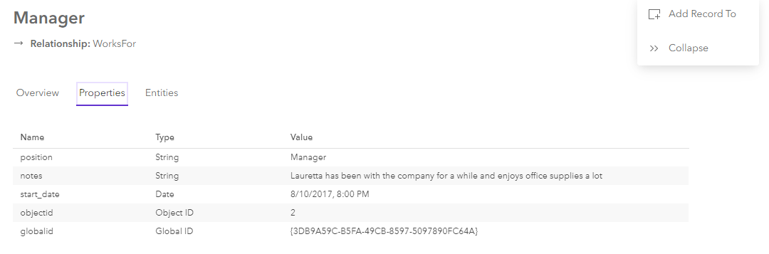 Properties tab of a relationship data cad