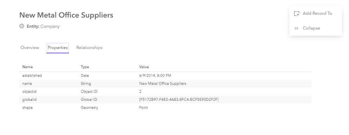 Properties tab of an entity data card